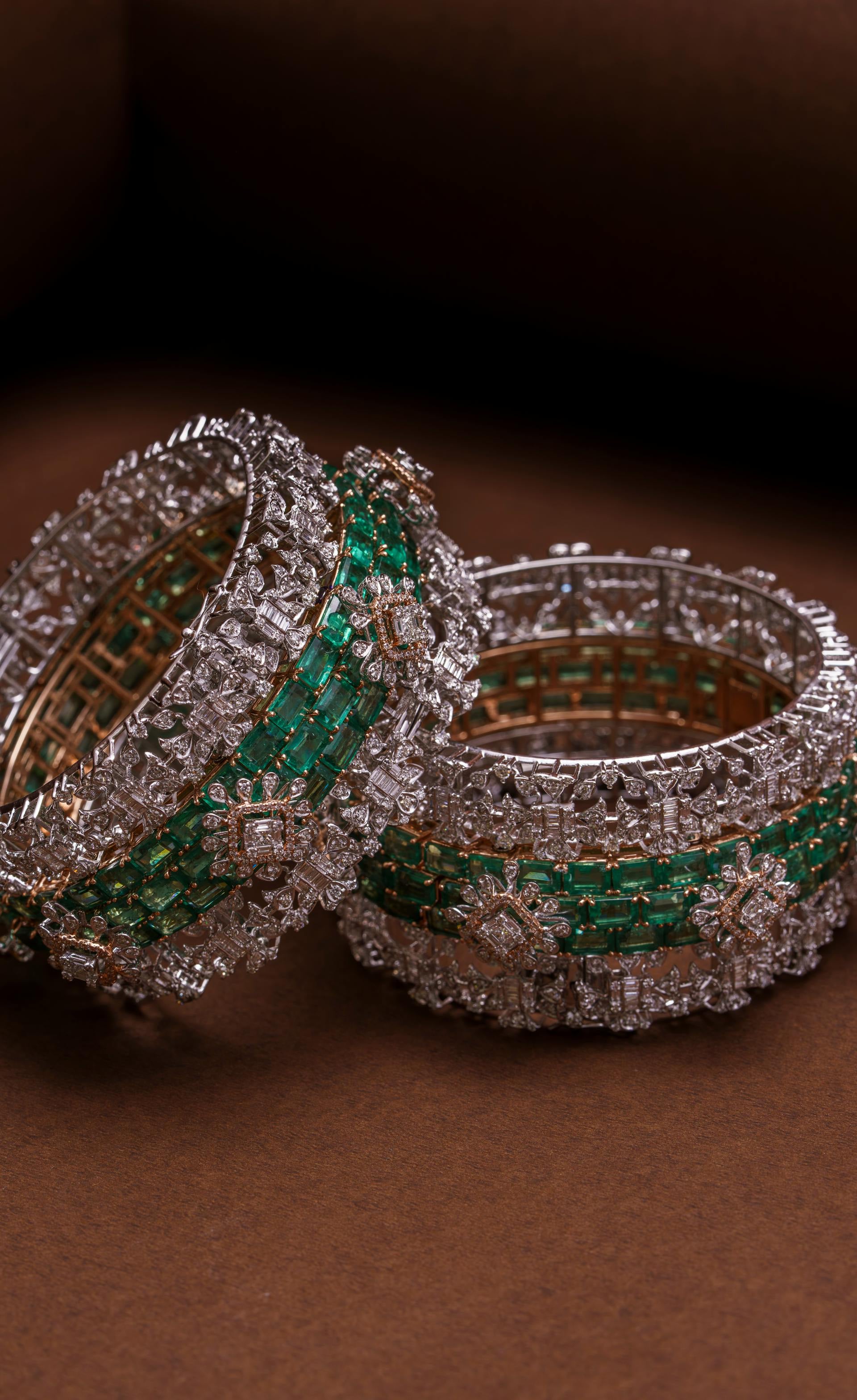 Emerald & Diamond Encrusted Gold Bangles — Pink Snow Jewels