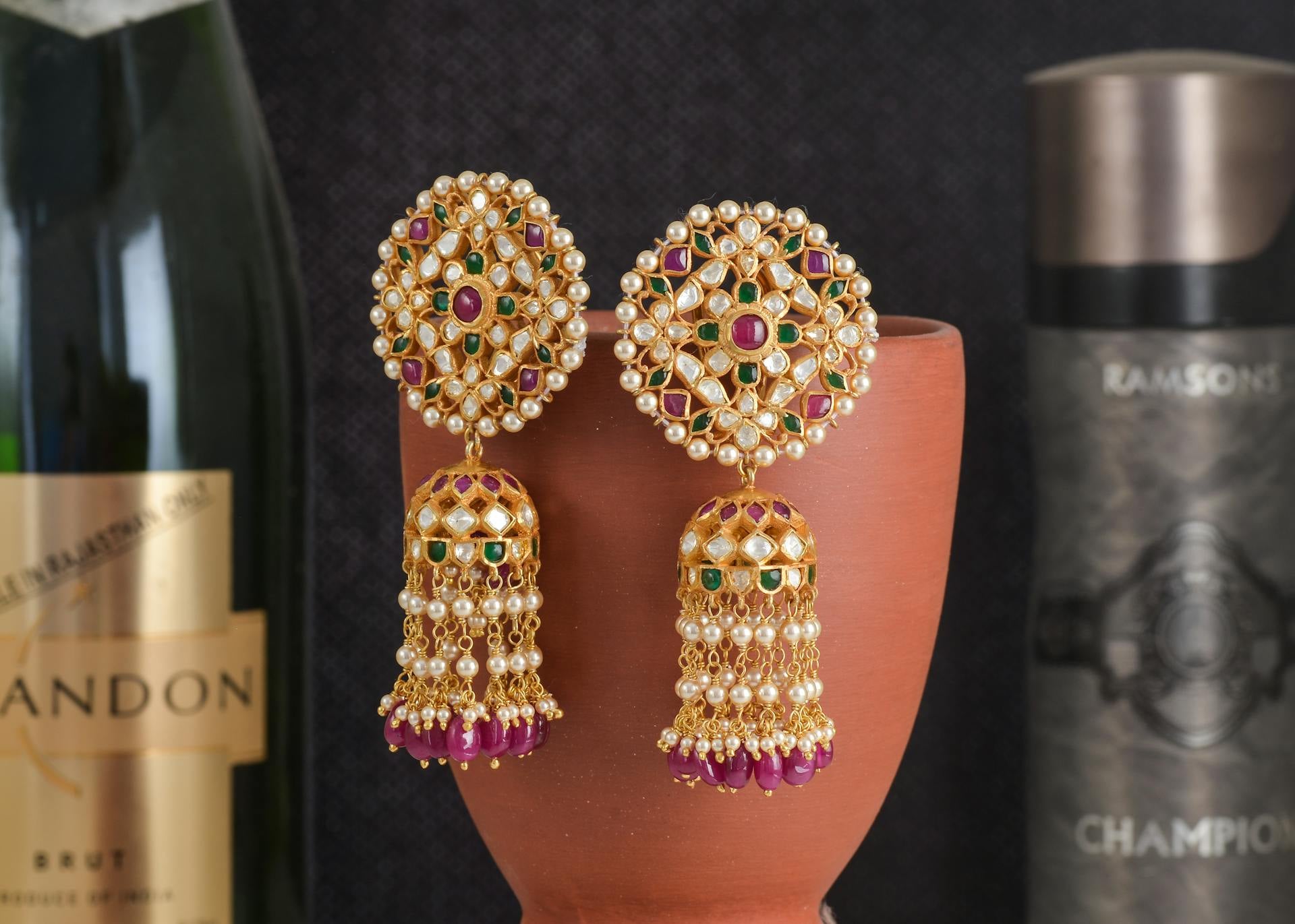 Gold Kundan Jhumka Earrings with Pearls & Gemstones — Pink Snow Jewels