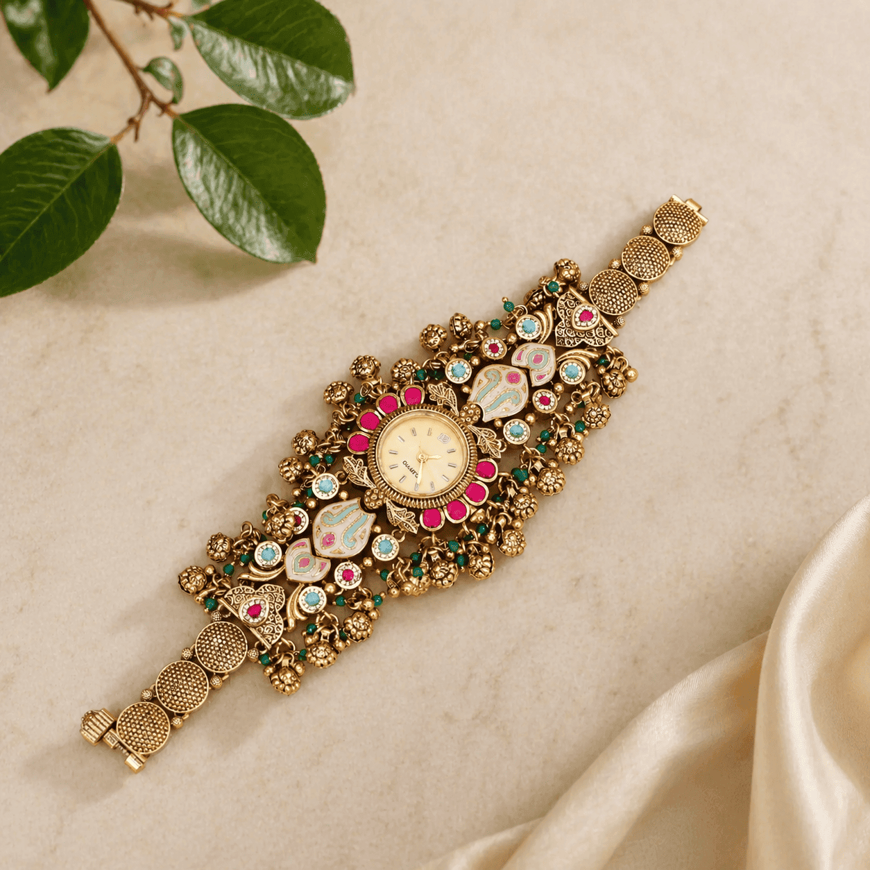 Handcrafted Kashmiri Bracelet Watch with Kundan & Gemstones — Pink Snow Jewels